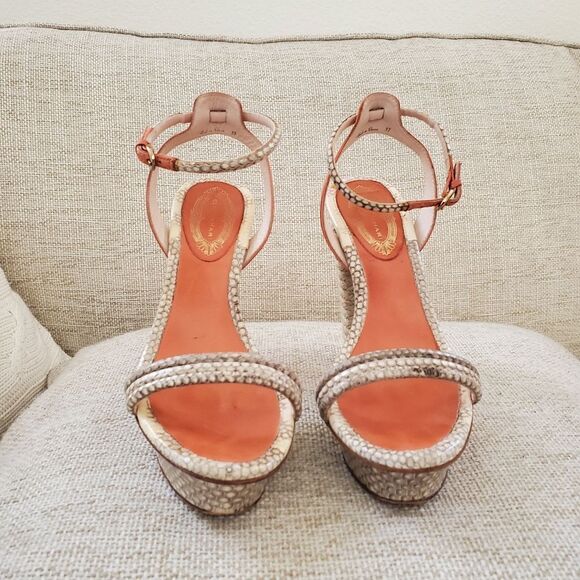 🌠 ELIE TAHARI 🌠 Snakeskin Leather Straw Platform Heels Sandals - [Size 6.5] - Picture 2 of 13